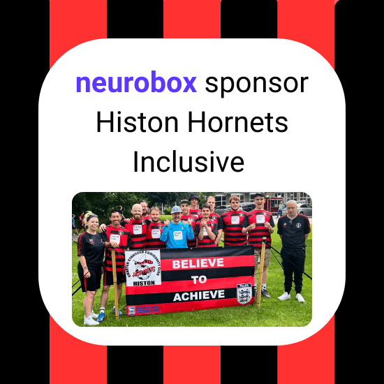Red and black stiped background with a white box with text reading neurobox sponsor Histon Hornets Inclusive. Photo of the team in their kit which is red and black