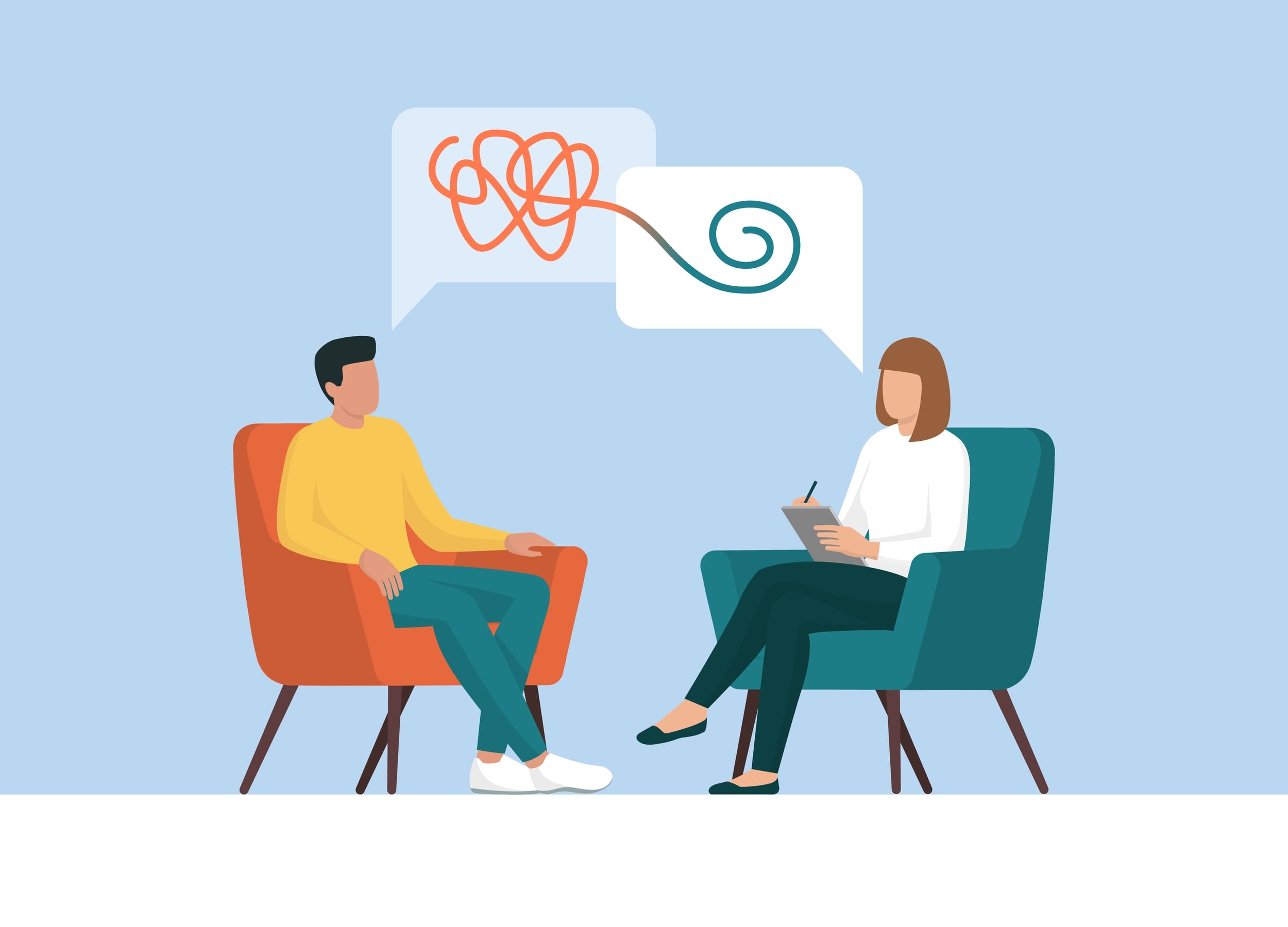 Illustration showing 2 people talking, both sitting on chairs