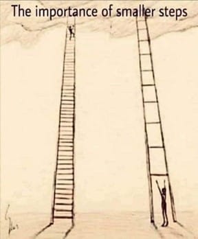2 ladders, one with a large gap between each rung and one close together. The one with a large gaps has a person at the bottom unable to reach the first rung. The one with the rungs close together has a person climbing it