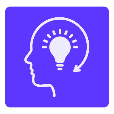 Head with a lightbulb inside it on a purple background