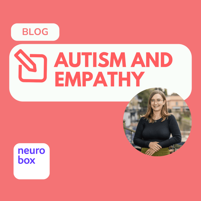 Red background with text reading autism and empathy - photo of Bronwyn, a lady with a black long sleeved top with glasses