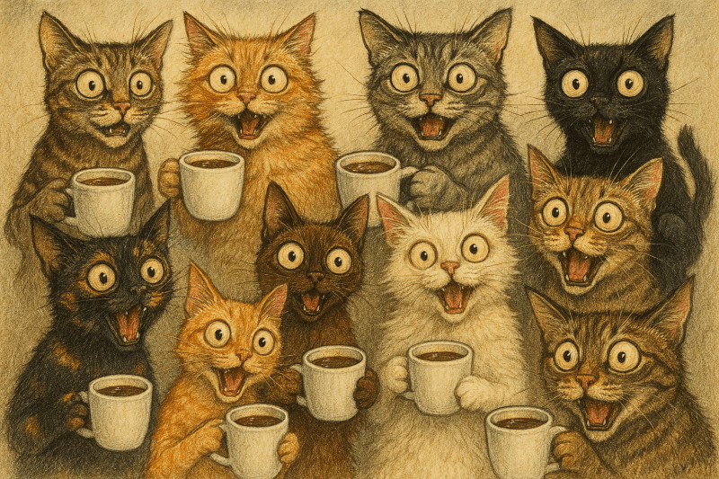 AI generated picture of a clowder of cats drinking coffee