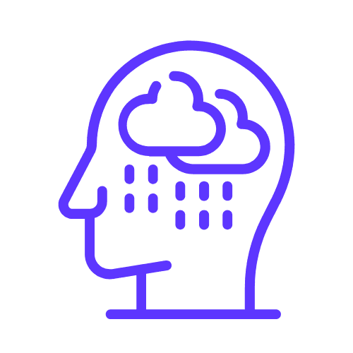 Purple outline of a person's head with rain clouds inside