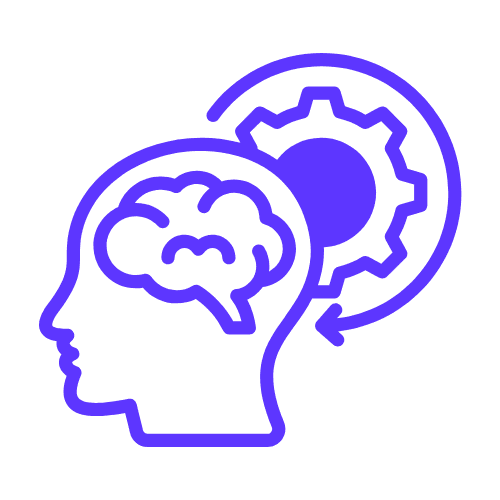 Outline of persons head with a cog behind it