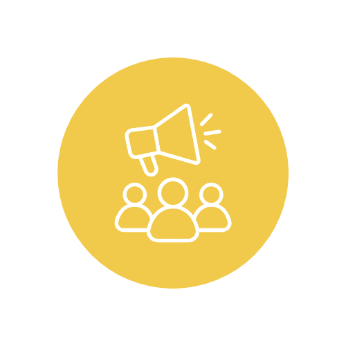 Yellow circle containing outlines of three people and a megaphone