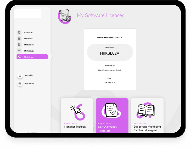 Preview of the neurohub dashboard My Software Licences screen.